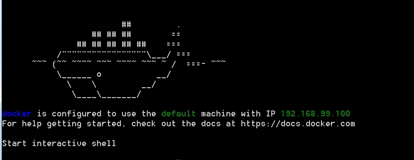 Docker Quickstart Terminal startup screen for default machine on Windows 7