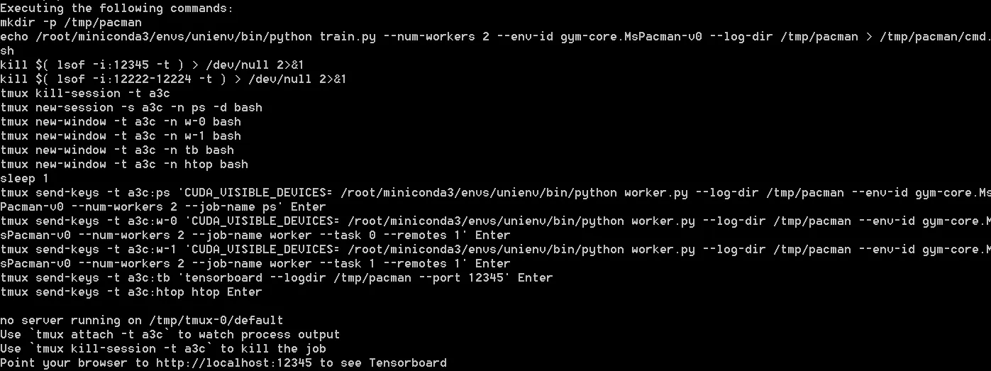 Pacman session with 2 workers starting in container