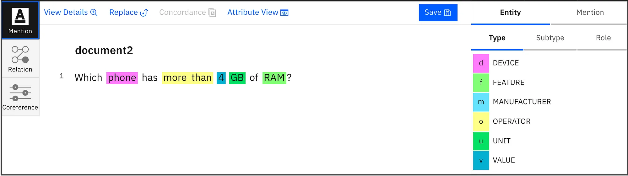 Mention view in Watson Knowledge Studio